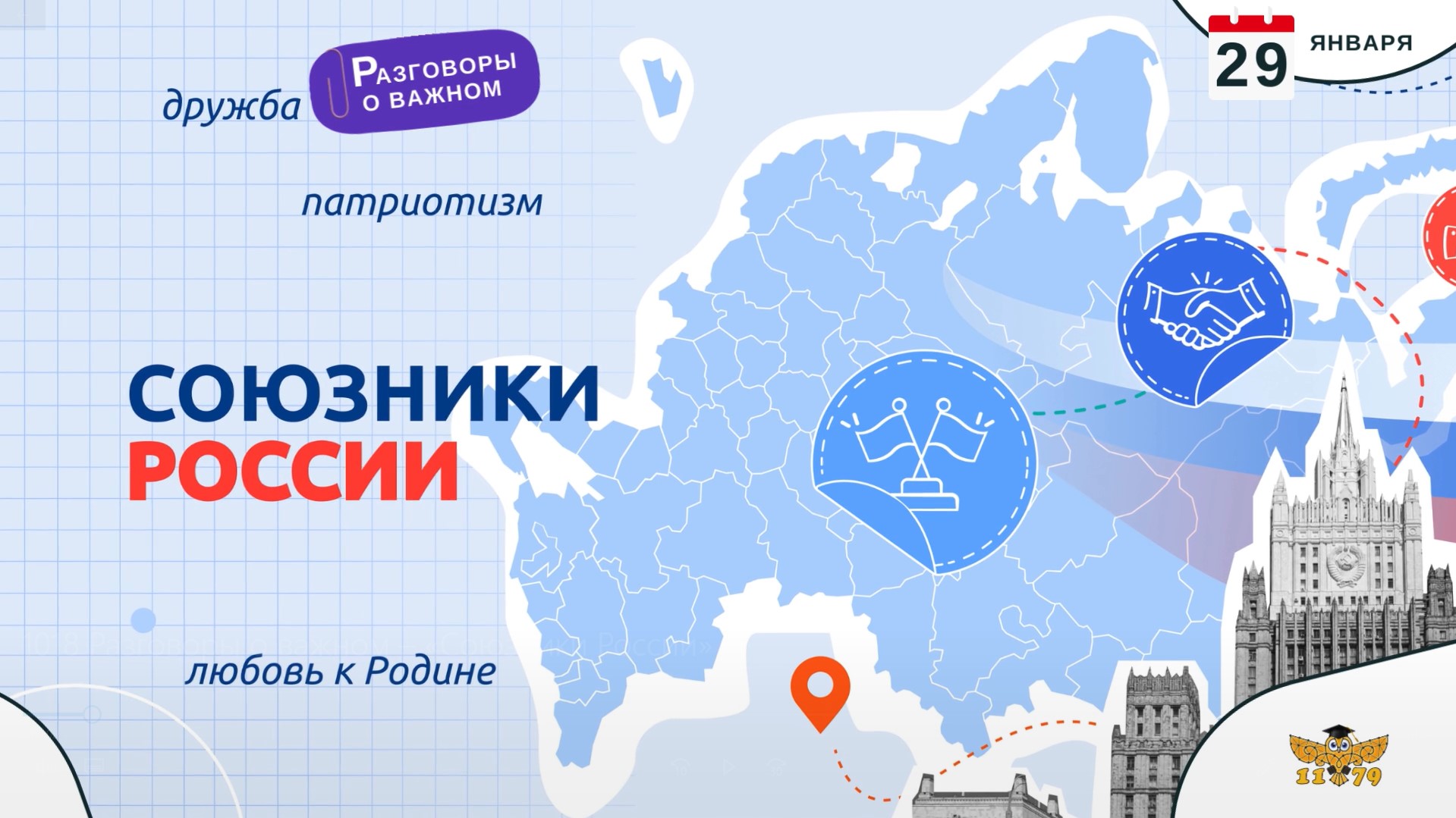 Понедельник. 29 января 2024. Внеурочное занятие: «Разговоры о важном» 1-9 кл. Тема: «Союзники России».